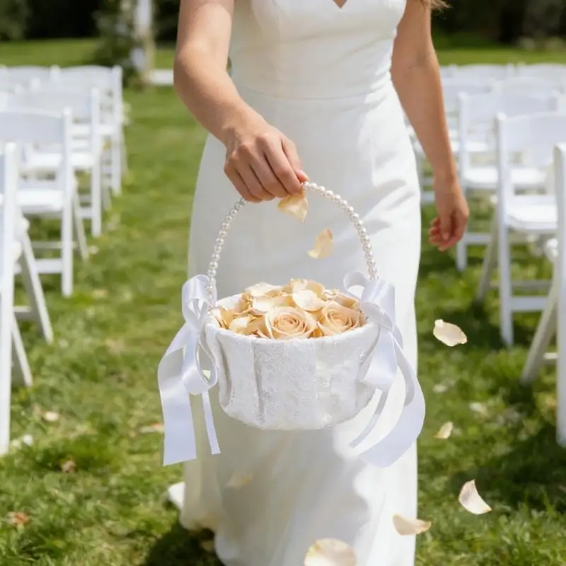 31BB White Pearls Adorned Flower Basket For Ceremonial Petal Scattering Durable Plastic Fabric Blend