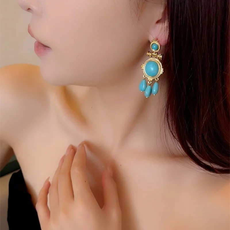 Women Vintage Natural Turquoise Long Earrings 2024 New Temperament 18K Gold