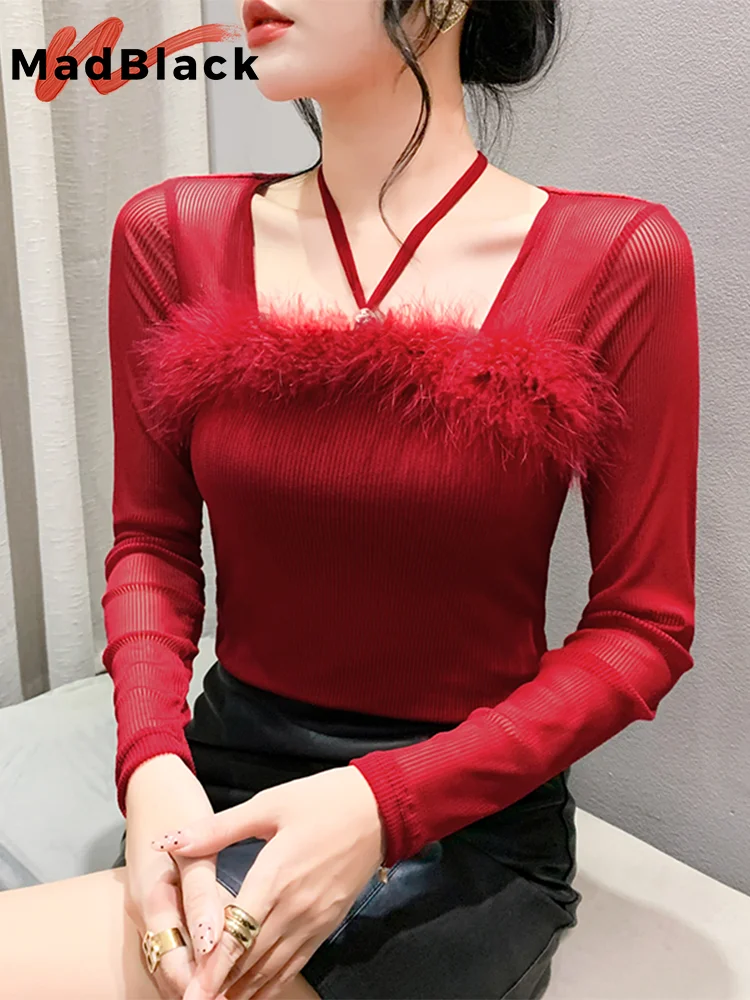 

MadBlack European Clothes Tshirt Women Square Collar Fur Slim Mesh Tops Long Sleeve Elastic Tee New Autumn Winter T3N603JM