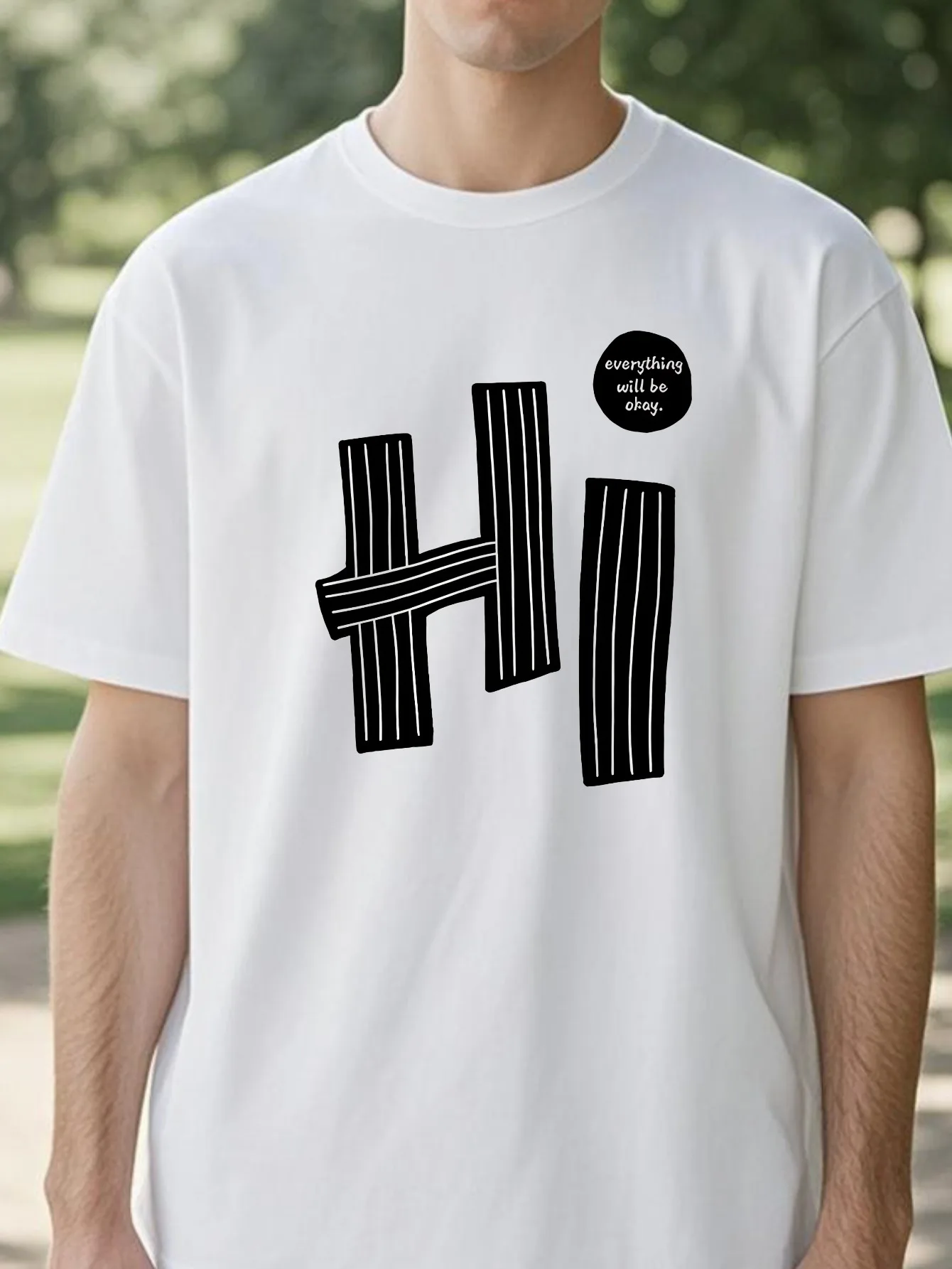 تي شيرت رجالي صيفي من القطن الخالص كاجوال فضفاض مناسب بنمط حروف HI مطبوع برقبة دائرية وأكمام قصيرة