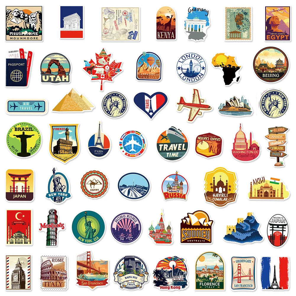 10/30/50 pçs retro mundo viagem cidade paisagem dos desenhos animados adesivos estéticos à prova ddiy água diy telefone notebook dos desenhos animados graffiti decalques