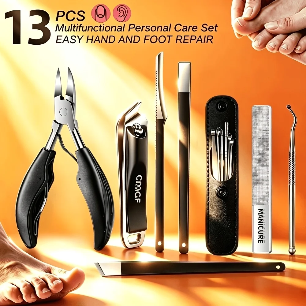 13Pcs Salon Grade Manicure Pedicure Set Nail Clippers Foot Scraper Ear Spoon Nail Care Tools Unisex Household Grooming Kit