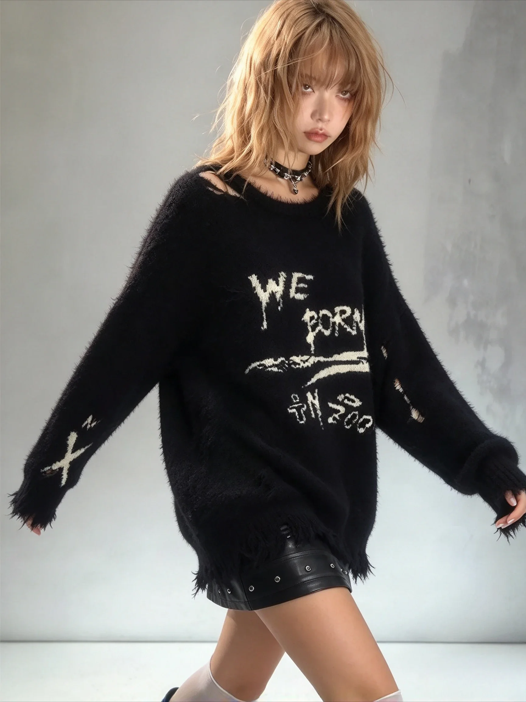 Winter and Autumn Thick Style Subculture Punk Graffiti Jacquard Mink Fur Cozy Pullover Sweater Soft and Gooey Gothic Knit Shirt