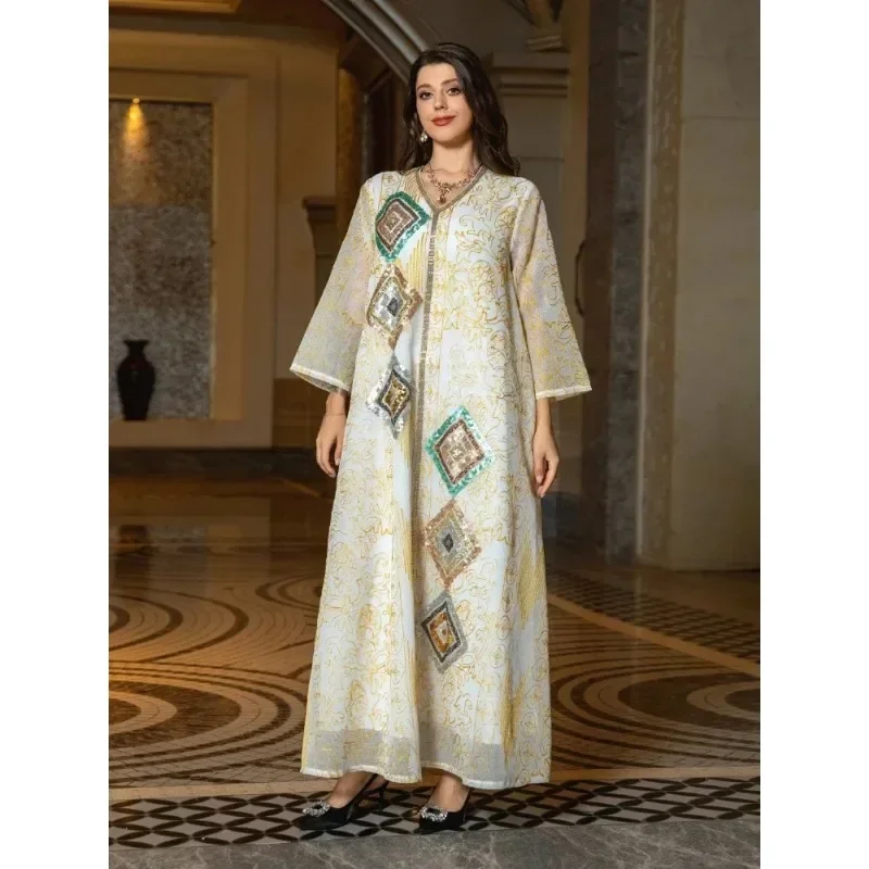 Eid Muslim Morocco Party Dress for Women Abaya Jalabiya Mesh Sequins Dresses Dubai Abayas Kaftan Islam Maxi Vestidos Arab Robe