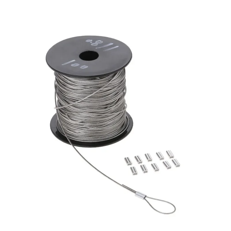 Cuerda de alambre de acero inoxidable de 100m + manga de bucle de prensado de 150 piezas, Cable recubierto multifuncional de 7x7 de 1mm de diámetro,