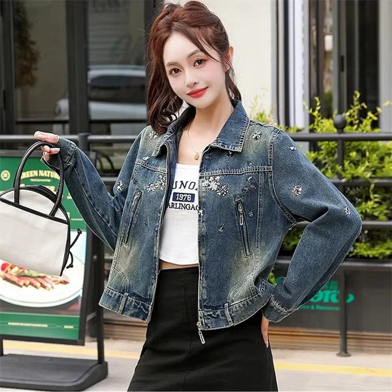 Vintage Women Clothes Spring Denim Jacket Embroidery Coat Casual Streetwear Ladies Retro Sequin Splice Short Cowboy Outwear