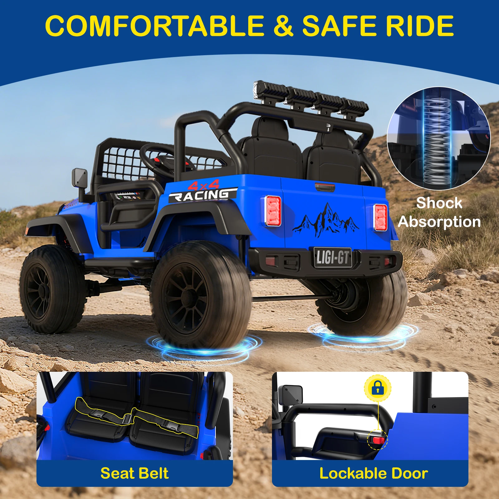 ركوب بمقعدين LIGIANT 24V 4WD، جهاز تحكم عن بعد، ممتص للصدمات، 3 سرعات، بداية ناعمة، LED، موسيقى وبلوتوث، هدية عيد الميلاد