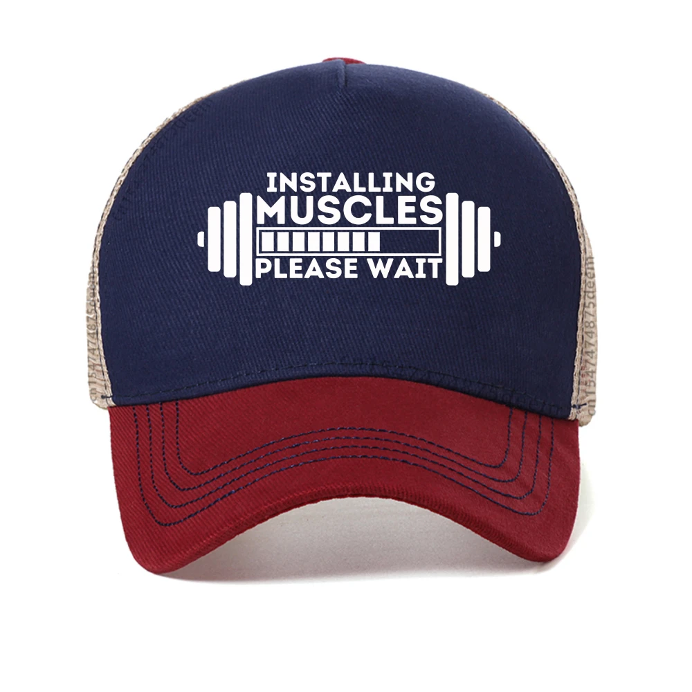 موضة جديدة تثبيت العضلات يرجى الانتظار تحميل شريط طباعة قبعة بيسبول للجنسين الرجال النساء الصيف قبعة شبكية قبعات سائقي الشاحنات عادية