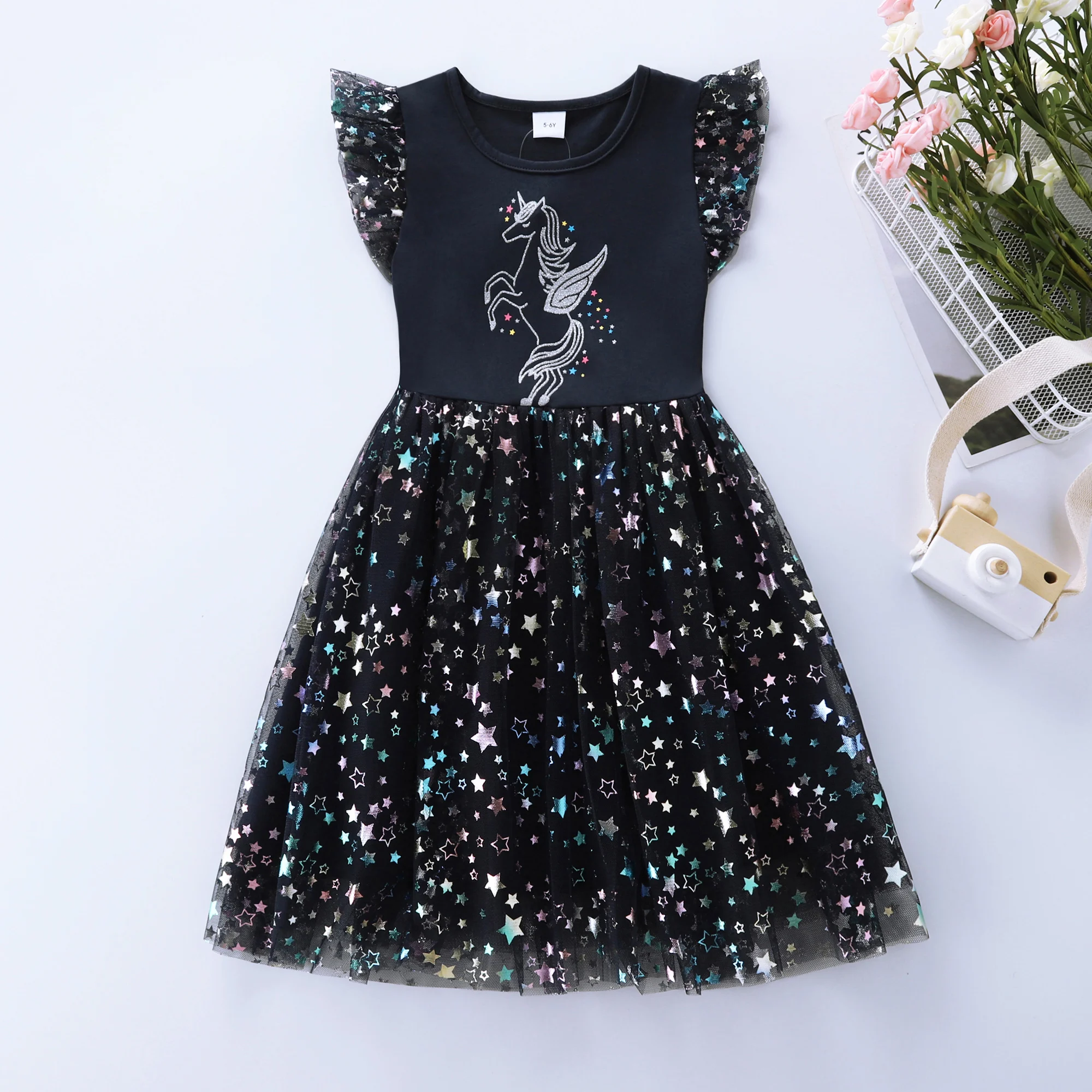 Spring/Summer New Girl\'s Sleeveless Party Cotton Mesh Spliced Star Printed Unicorn Dress SH1709