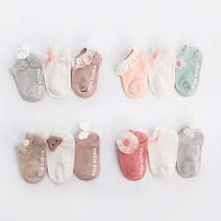 3 Pairs/lot 0 to 24M Spring Summer Baby Socks Solid Color Infant Baby Floor Socks Soft Cotton Anti-slip Boat Socks For Girls