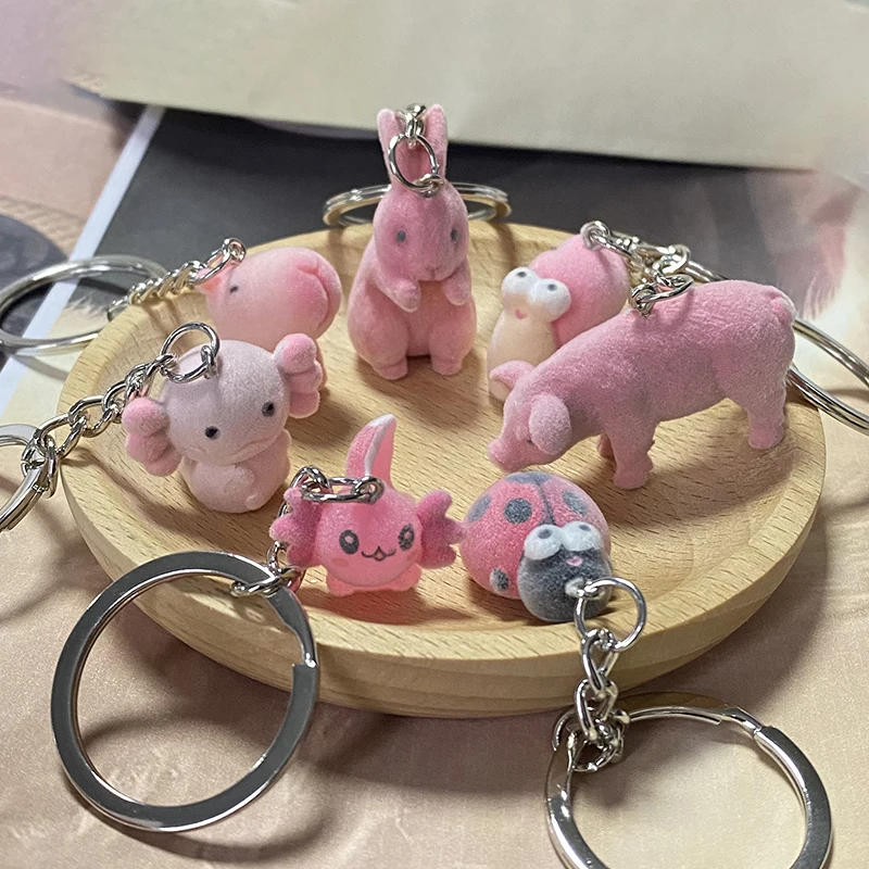 Fluffy Pink Animal Bunny Capybara Snail Keychains Resin Flocking Cute 3D Pig Butterfly Ladybird Pendant Bag Box Car Key Ring