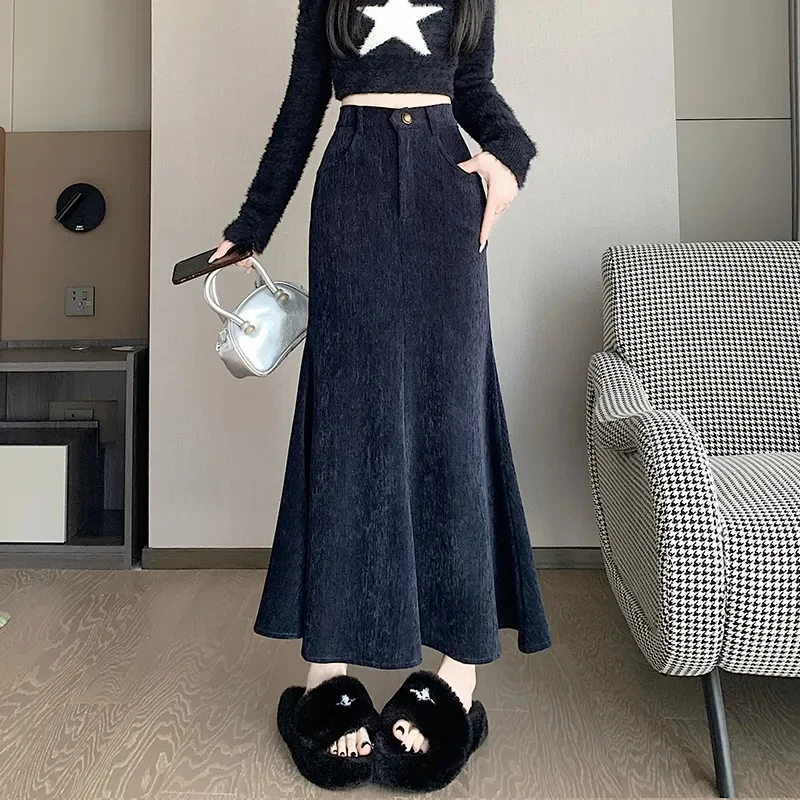 Jesienna damska spódnica maxi z efektem rybiego ogona w dużym rozmiarze 5XL, moda damska 2025, patchworkowe długie spódnice, koreańska moda damska, spódnica codzienna z wysokim stanem.