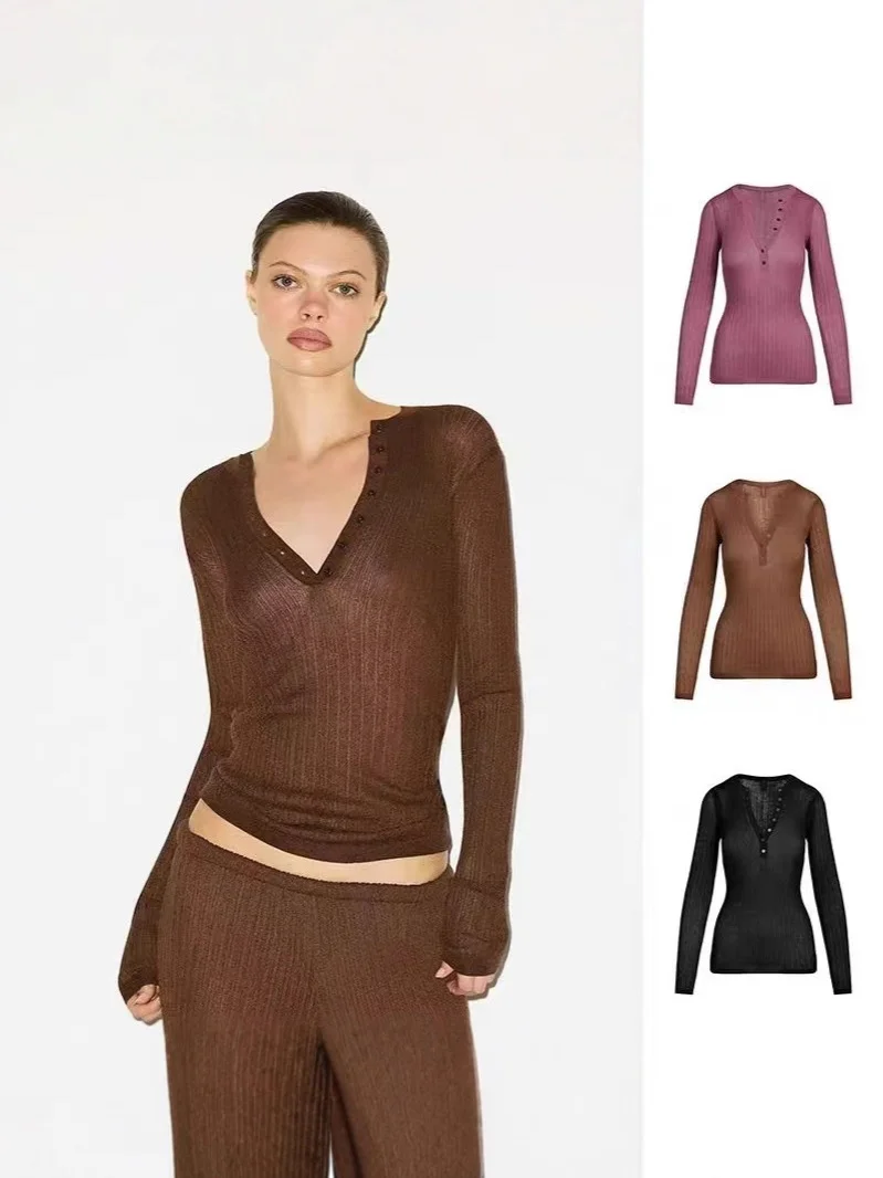 

Тонкий прозрачный вязаный длинный све V-Ne топ на пуговицах Генри irt, повседневный летний комплект Faion для женщин