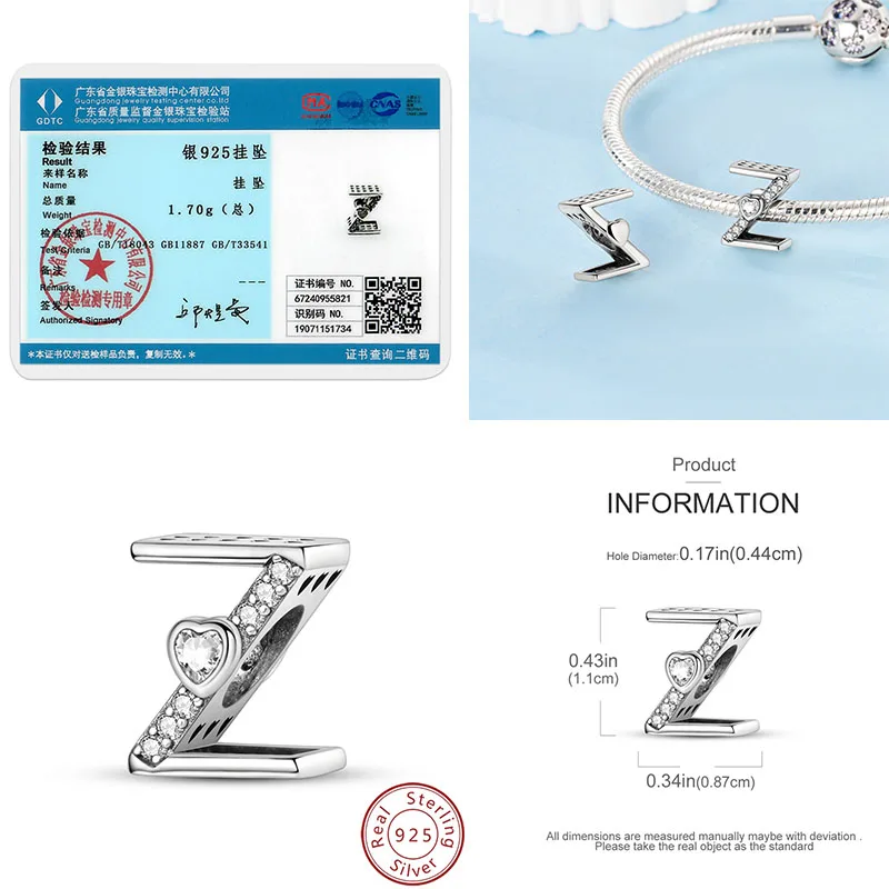 Real 925 Sterling Silver Charms Original 26 Letters A-Z Alphabet Fit Bracelet Woman Accessories DIY Jewelry