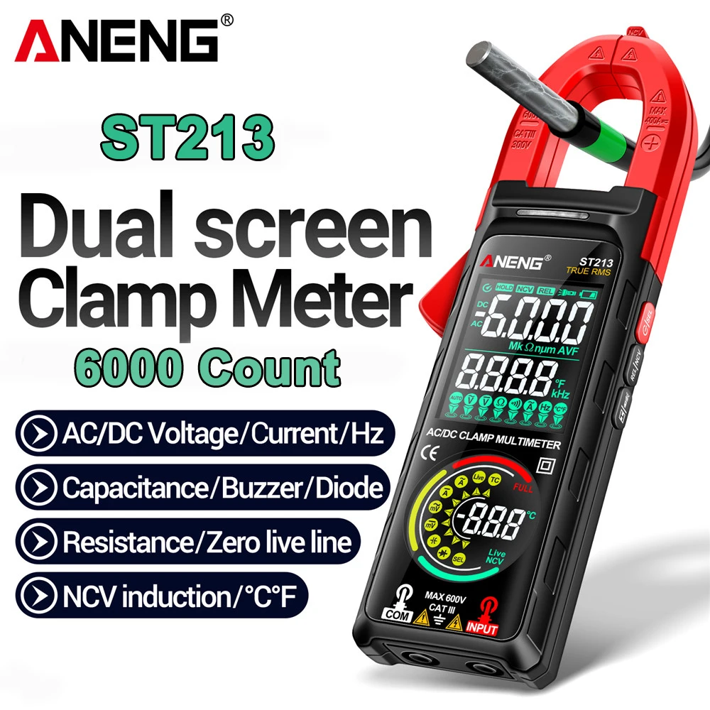 

ANENG ST213 Digital Clamp Meter 6000 Count DC/AC Voltage VA Reverse Color Display Screen CAT III True RMS Tester Current Tools