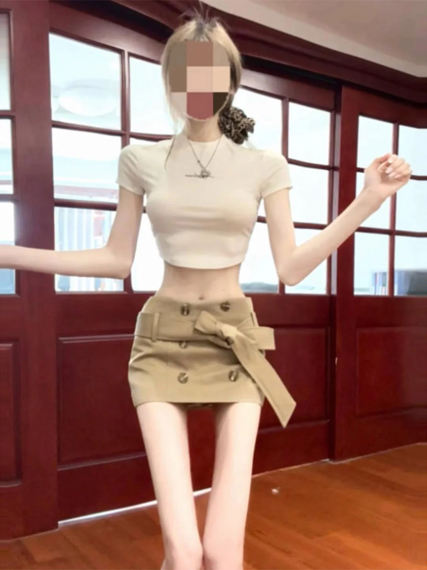 Hot Girl Pure Desire Summer 2026 Women's Short Sleeve T-Shirt And Khaki  Skirt Two-Piece Set Casual Style Anti-Wrinkle