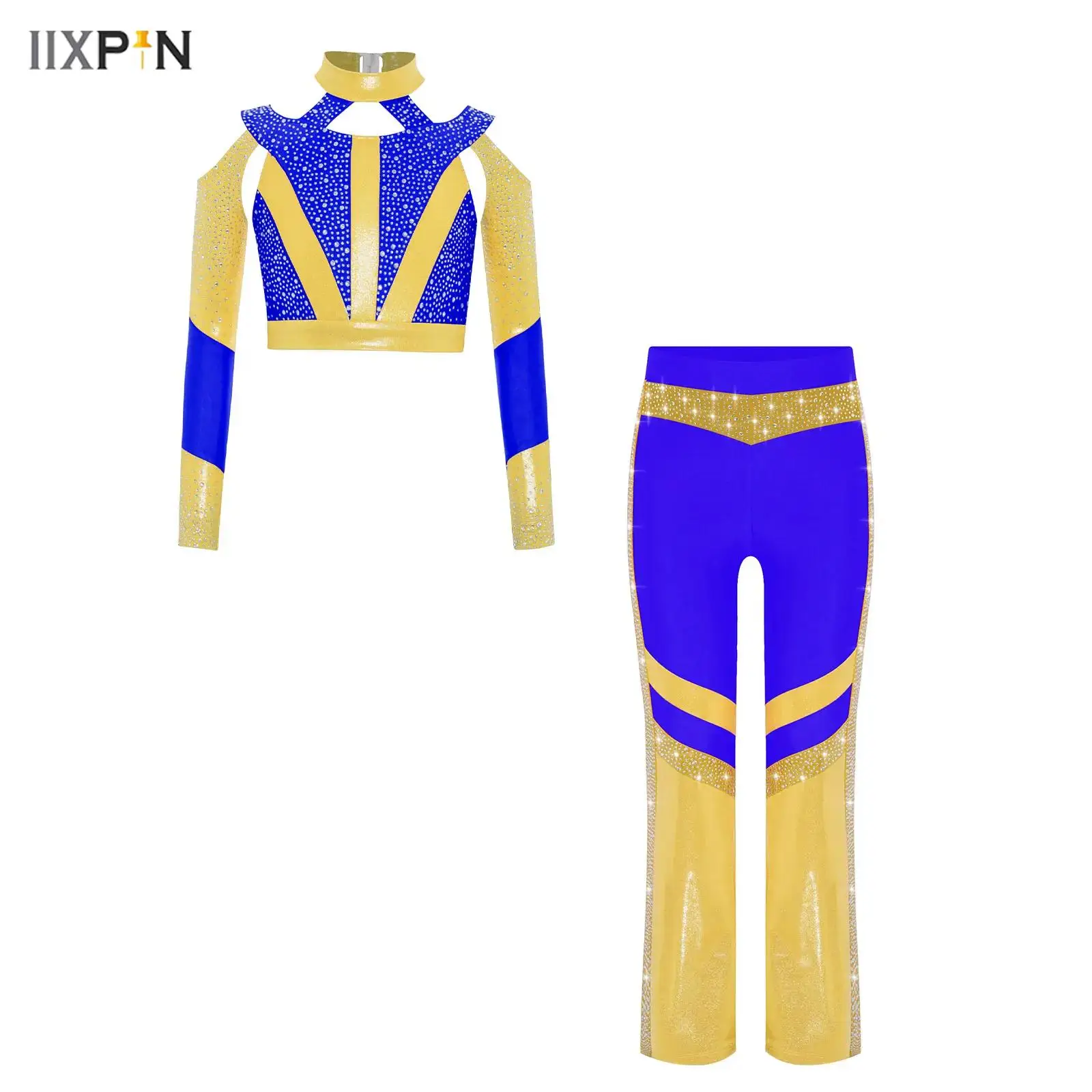 

Kids Girls Gymnastics Acrobatics Dance Costume Shiny Rhinestones Color Block Cross Back Cutout Crop Top+Flared Pants 2Pcs/Set