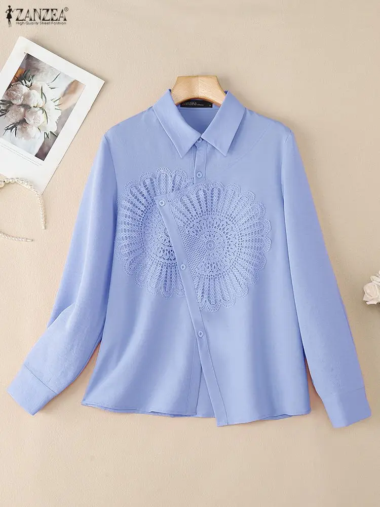 

ZANZEA 2025 Casual Loose Autumn Blusus Fashion Women Lace Patchwork Shirts Solid Long Sleeve Tops Irregular Buttons Tunics S-3XL