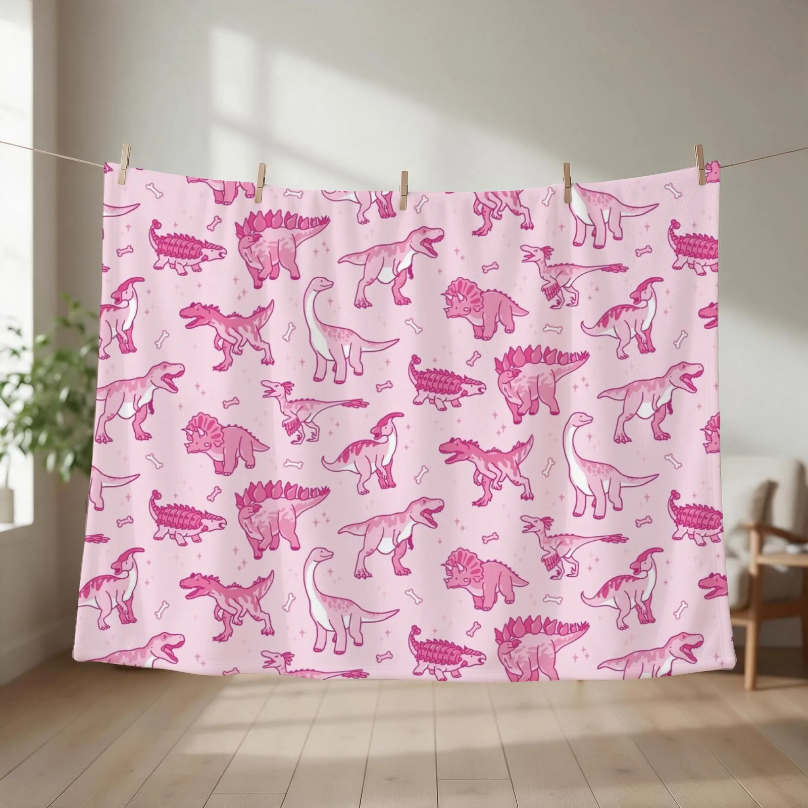 Pink and Sparkly Dinos Throw Blanket couch cozy soft plush fuzzy picnic outdoor blanket