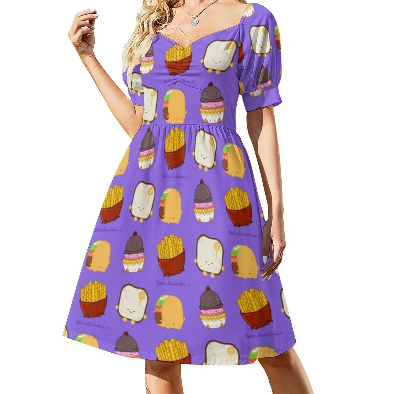 فستان مثير للإجازات من Food Buddies للنساء على الشاطئ وحفلات أعياد الميلاد فستان قصير من تاكو آيس كريم بطاطس مقلية فستان مكعب توست