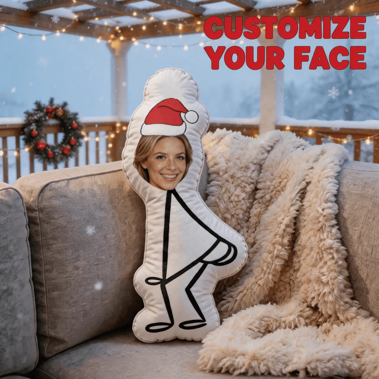 Custom Photo Shaped Pillow, Personalized Face on Stick Figure Body with Santa Hat, Funny Decorative Cushion for Home Decor, Uniq