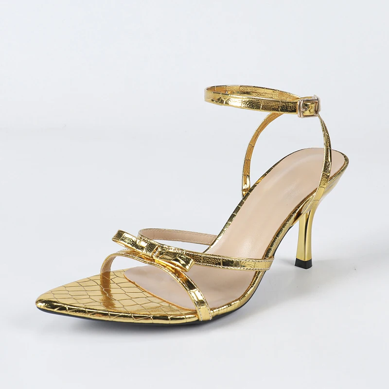 

Сексуальные золотые сандалии с узким ремешком на щиколотке и пряжкой, женские туфли-лодочки с каменным узором на тонком высоком каблуке с открытым носком, дизайнерская свадебная обувь для ночного клуба