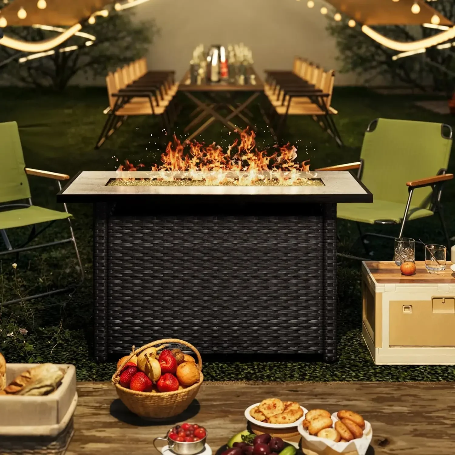 طاولة حفرة نار تعمل بالغاز مقاس 45 بوصة، حفرة نار من البروبان مع صخور زجاجية، غطاء مقاوم للماء وروطان البولي ايثيلين، حفر نيران للفناء الخارجي للفناء الخلفي