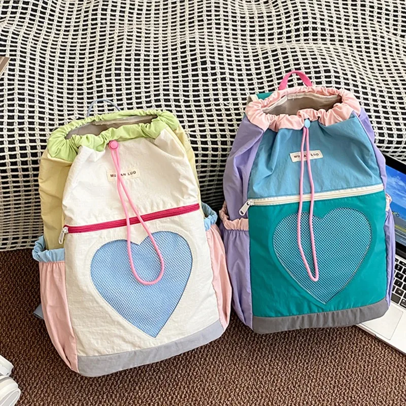 Bookbag for Women Girls Color-Block Daypack Nylon Drawstring Laptop Backpack Adjustable Strap Rucksack for Travel School