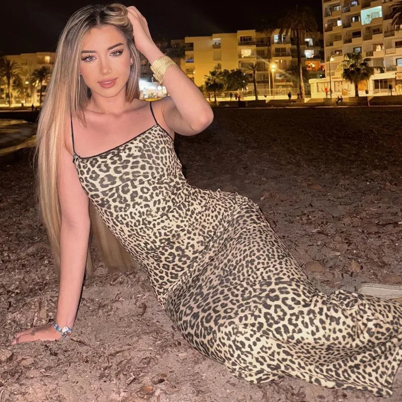 Leopard Print Spaghetti Backless Sleeveless Long Women'S Dresses Summer Elegant Evening Beach Vacation Dress Party Ladies Outfit