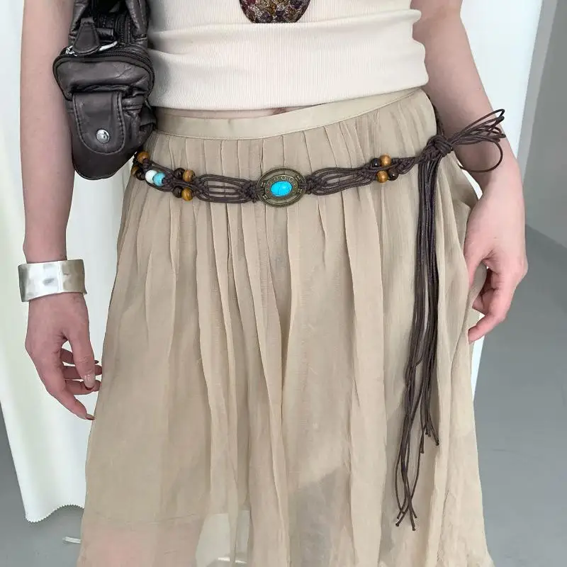 Boho Ethnic Style Beaded Waist Rope High-Quality Braided Belt For Dresses Skirts, Adjustable Waistband For Beach & Casual Outfit
