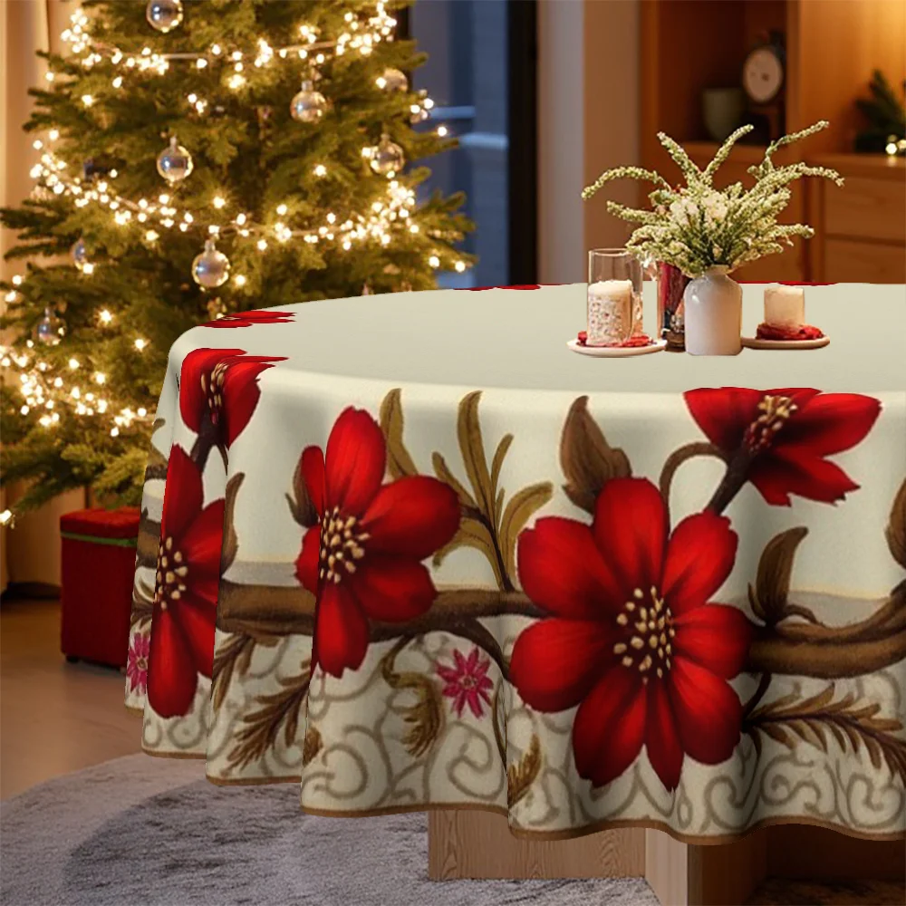 Christmas is designed for round tablecloths with a festive floral theme, perfect for family kitchens and dining rooms