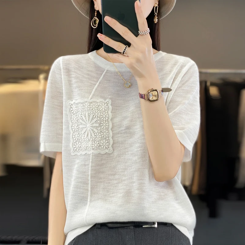 Summer Women\'s Sweater Short Sleeve Pullover Round Neck Bamboo Hemp Ice Silk New Jacquard Loose Knitted T-shirt Slim Fit Top 023