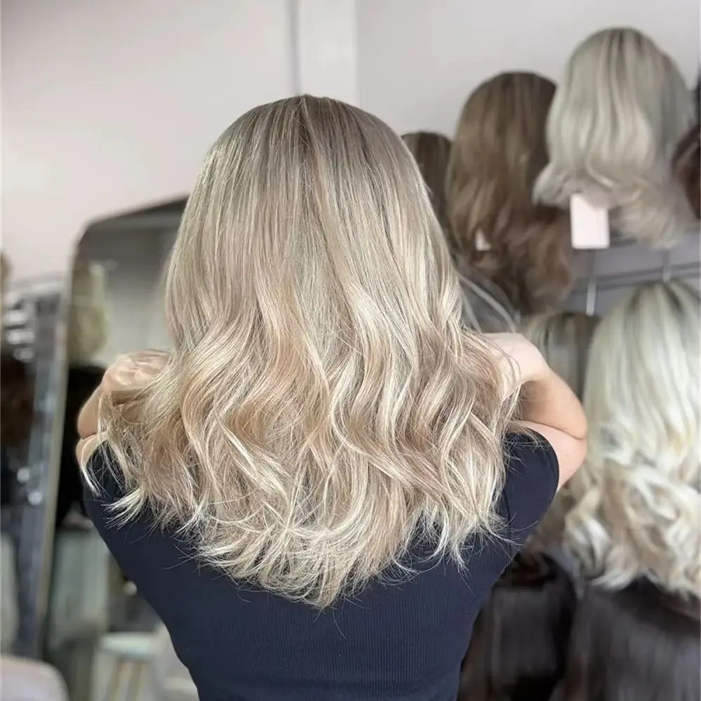 Free Part Ombre Blonde with Brown Streaks Highlights Synthetic HD Lace Front Wig with Roots Short Wave Bob Preplucked Hairline