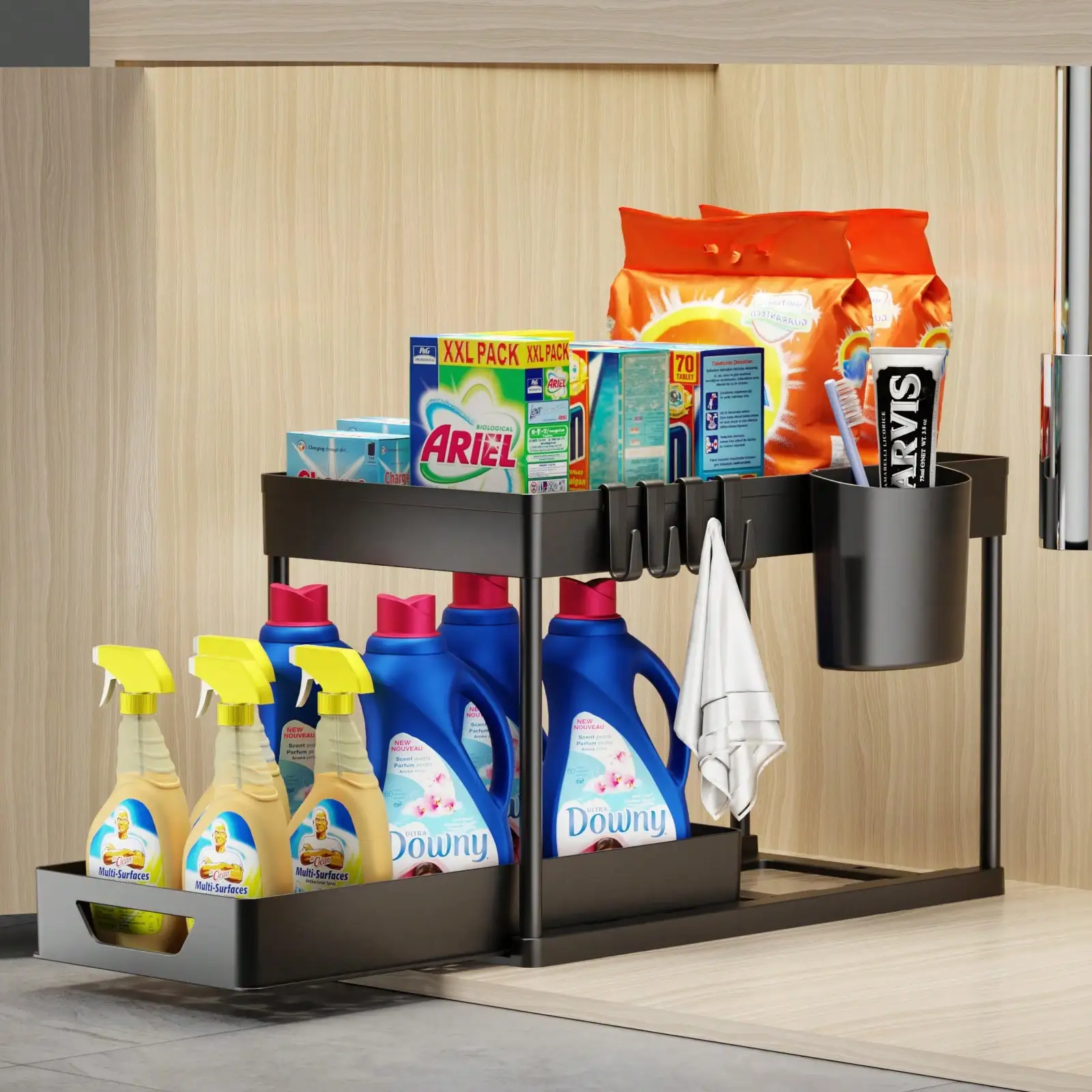 2-Tier Under Sink Organizer with Pull Out Drawers, Slide Out Cabinet Storage Shelf, Double Layer Bathroom Rack for Kitchen, Pantry, Black view 5
