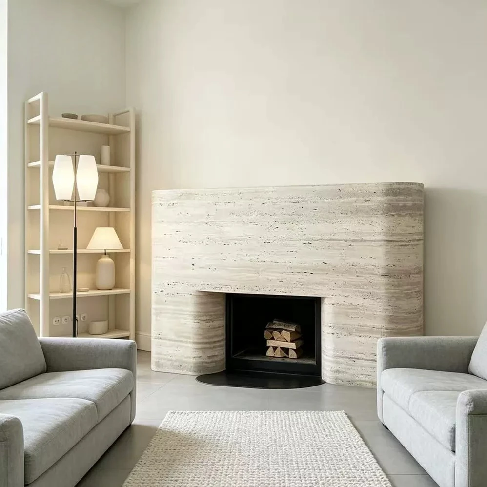 

Imitation travertine fireplace villa model house light luxury style imitation natural marble fireplace