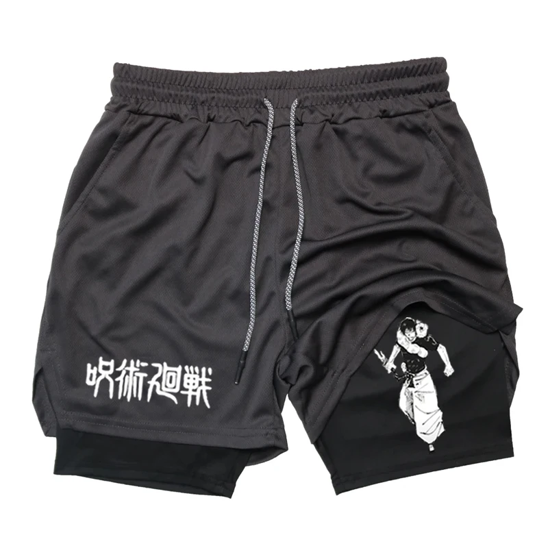 Anime Compression Shorts Men\'S Gym Fitness Running Training Mesh 2-In-1 Sports Shorts Summer Outdoor Casual Performance Shorts