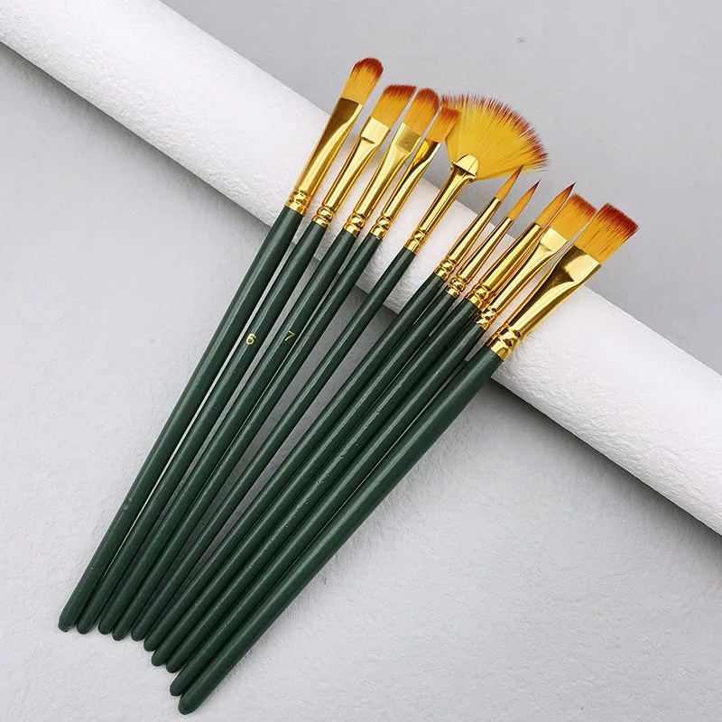 10pcs/set Nylon Hair Wooden Handle Watercolor Paint Brush Pen Set DIY Oil Acrylic Painting Art Paint Brushes Beginner Brushes