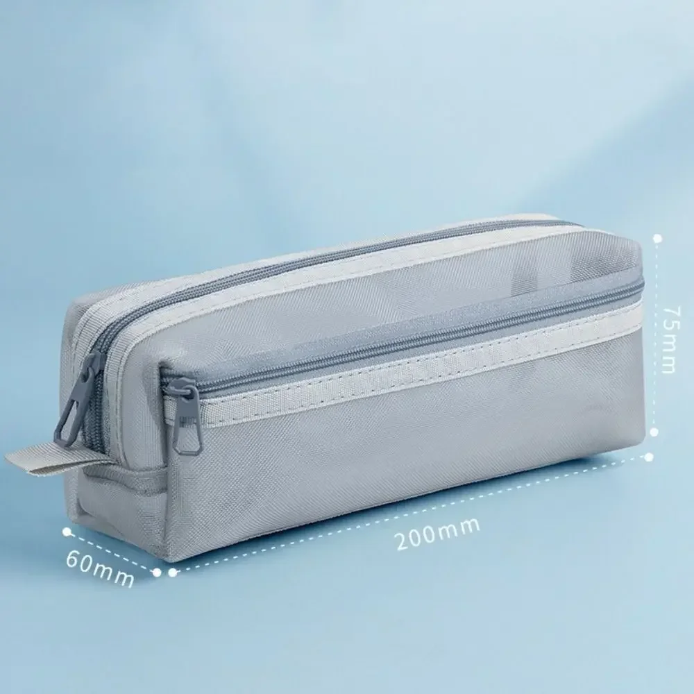 Double Layer Mesh Pen Bag Large Capacity Transparent Stationery Storage Bag Multifunctional Zipper Exam Supplies Organizer