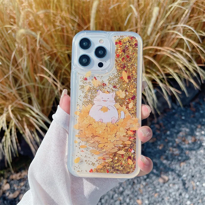 Brilliant Dynamic Quicksand Case for iphone 15 14 Pro Max 16 Soft Clear Funda Cartoon Cute Cat Cover Shine Gold Sand Phone Capas