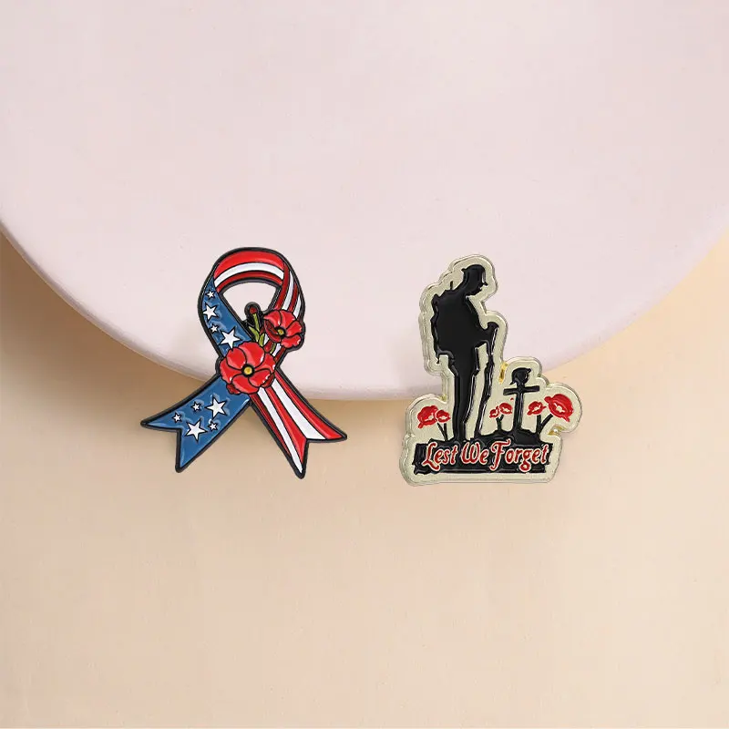 Lest We Forget Enamel Pins Fallen Soldiers Memorial Day Remember History Red Flower Brooches Lapel Badge Jewelry Gift for Friend