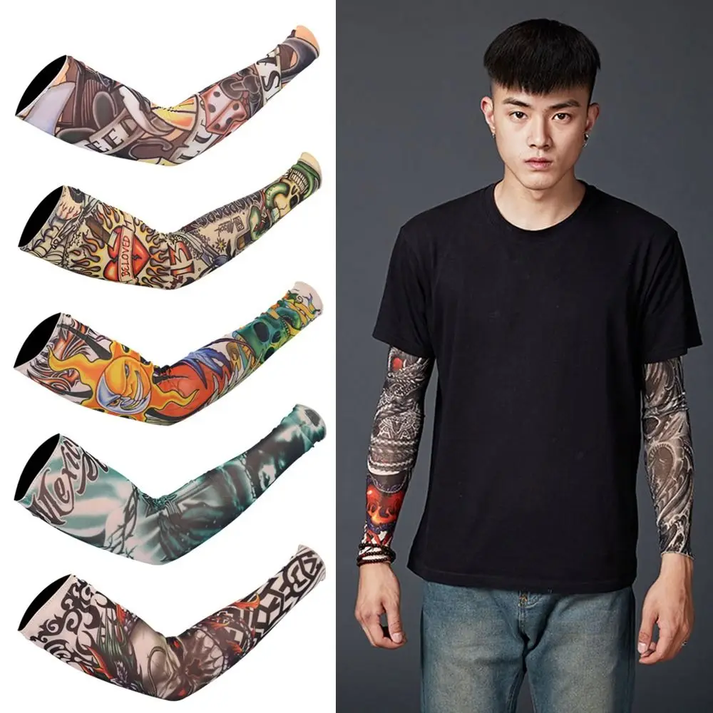 New Flower Arm Tattoo Sleeves Seamless Outdoor Riding Sunscreen Arm Sleeves Sun Uv Protection Arm Warmers For Men Women