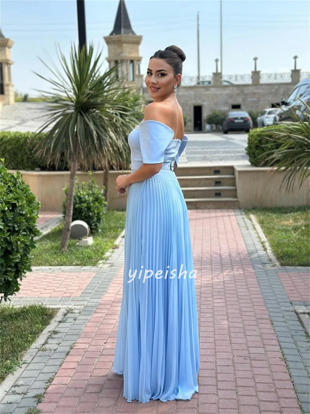 Customized Modern Style Elegant Chiffon Rhinestone Ruched Straight Off-the-shoulder Long Dresses Bespoke Occasion Dresses Sexy