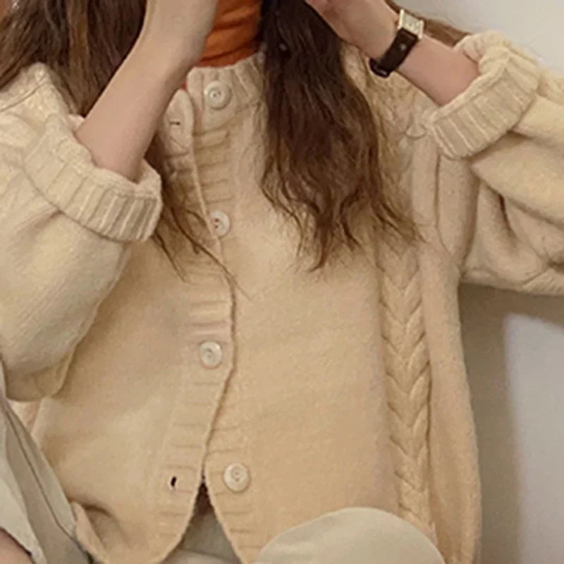 DAYIFUN-Women's Loose O-Neck Sweater Short Cardigans Vintage Fried Dough Twist Knitted Coats Autumn Winter New Jumpers for Women