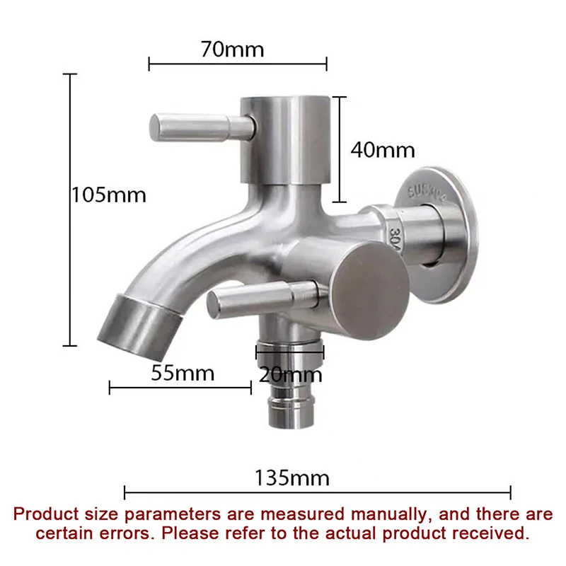 304 Stainless Steel Faucet One Into Two Out Multifunction Double-outlet Washing Machine Faucet Outdoor Garden Sink Pool Faucet