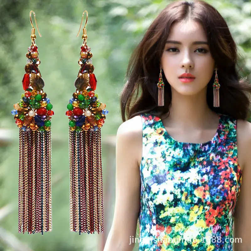 

ZGMXR Rice bead earrings Crystal Tassel Flower Hand-woven Fashion Simple Alloy Woman Beaded earrings