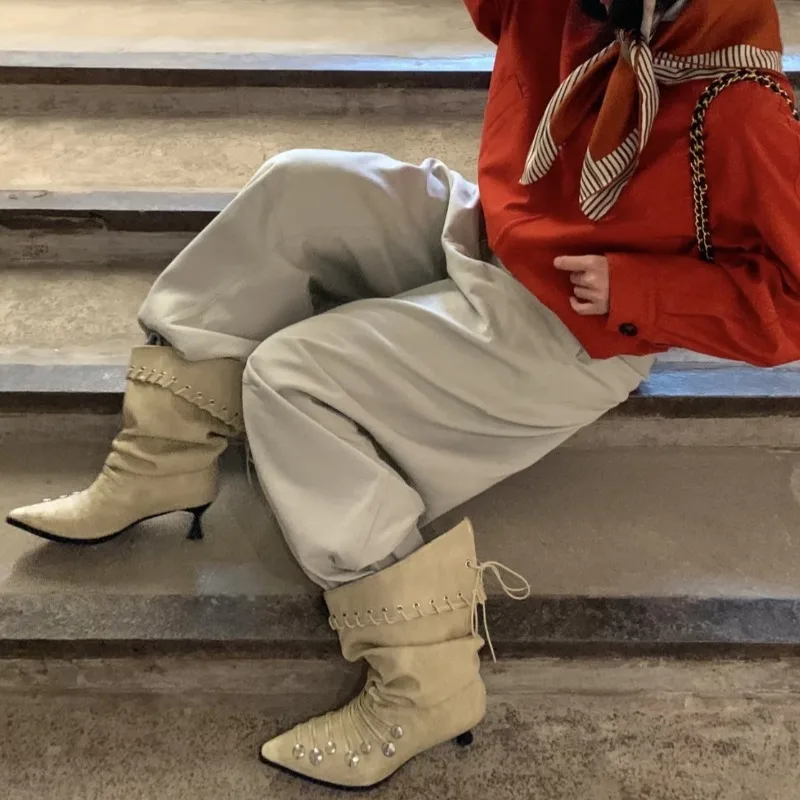 Vintage Punk Western Cowgirl Women's Boots Pointed Toe Rivet Studded Mid Calf Boots for Women Fashion Women's Shoes Botas Mujer