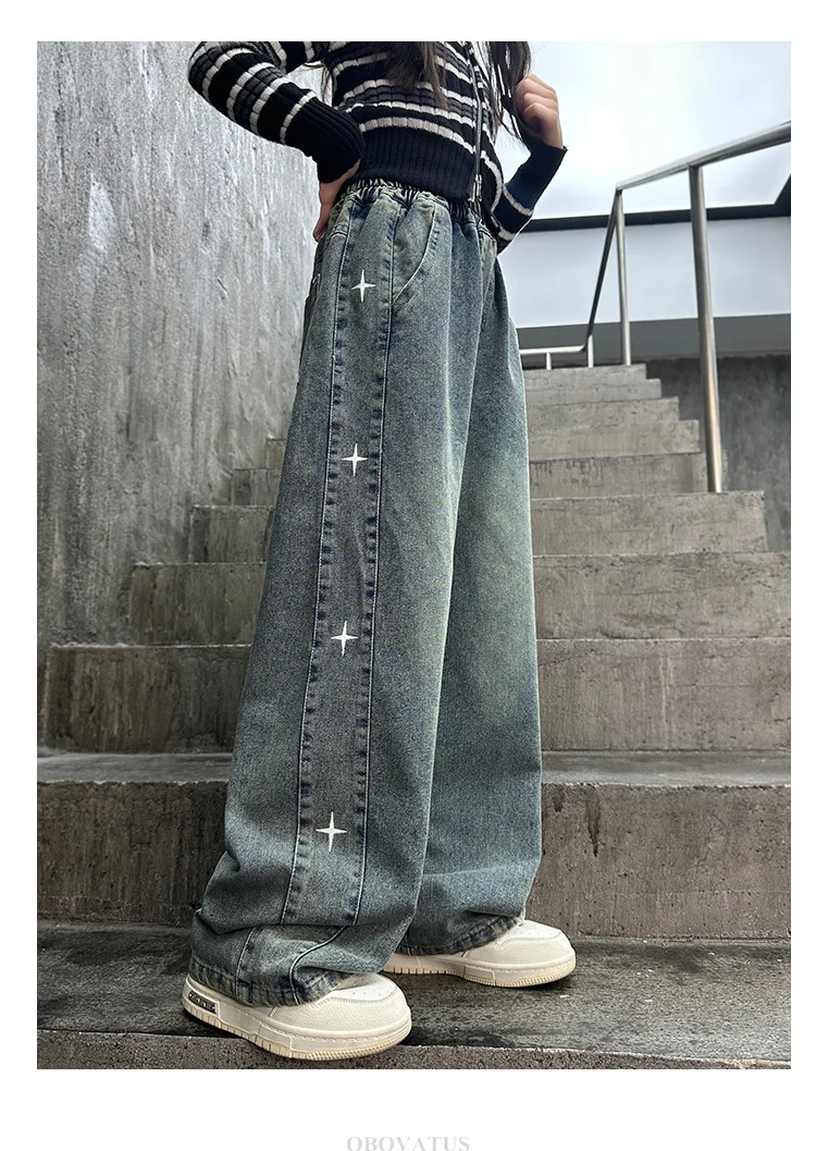 American Girls Retro-Jeans mit Sternen, Kinder Trendige Grafik-Design Gerade Denim-Hose, Kinder Street Hip-Hop Jeans Hose – Detail 3