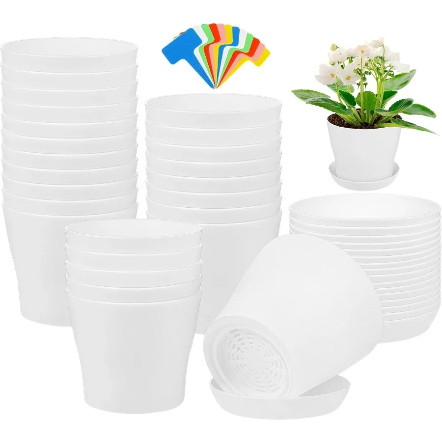 

24 Pack 4 Inch Plastic Planters with Multiple Drainage Holes and Tray Indoor Outdoor Flower Plant Nursery Pots with Labels Flow