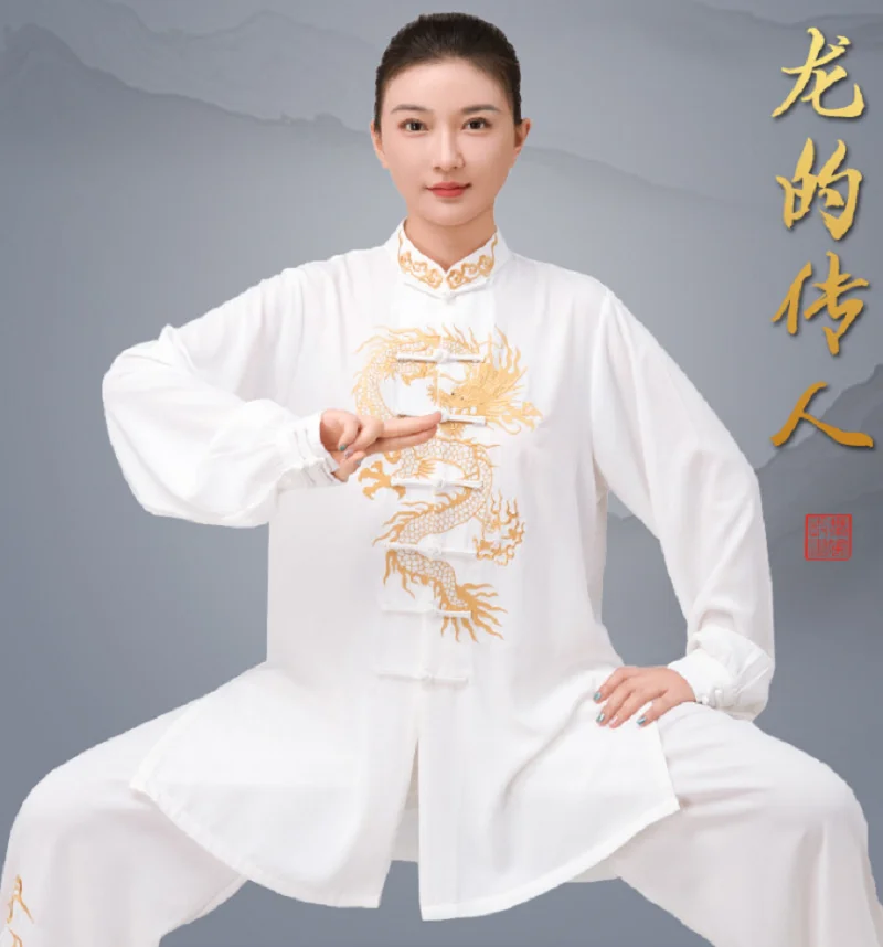 

New Men Women's Chinese Style embroidered dragon Tai Chi Kung Fu Suit Cotton Martial arts performance costume Jacket Pants Sets
