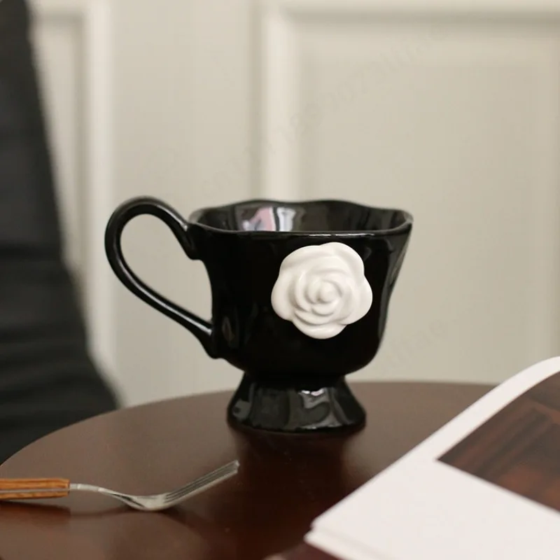 Camellia Cup, High‑End Relief French Style Ceramic Mug, Creative Home Breakfast Water Cup Coffee Cup for Daily Use